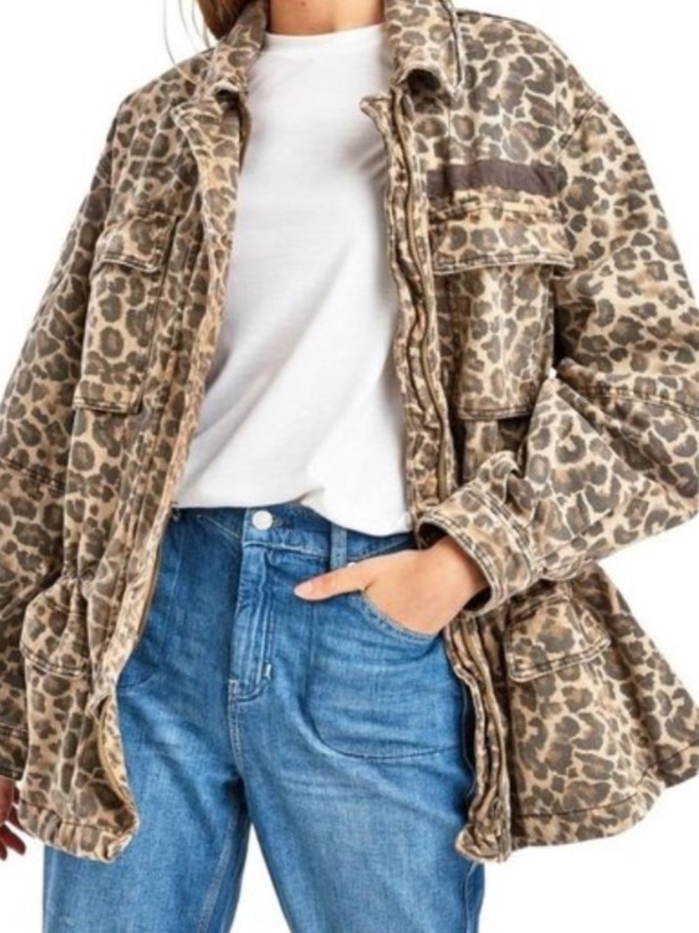 Free People Leopard Print Button-Up Jacket - Brown/Beige Sz S Drawstring Boho - Picture 2 of 12